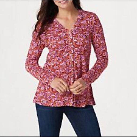 Isaac Mizrahi Live! Printed Button Front Swing Ponte Knit Top - Picture 1 of 5